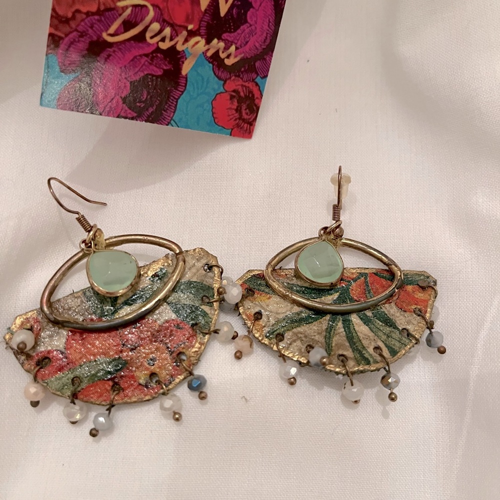 Decoupage leather earrings with hanging seed beads